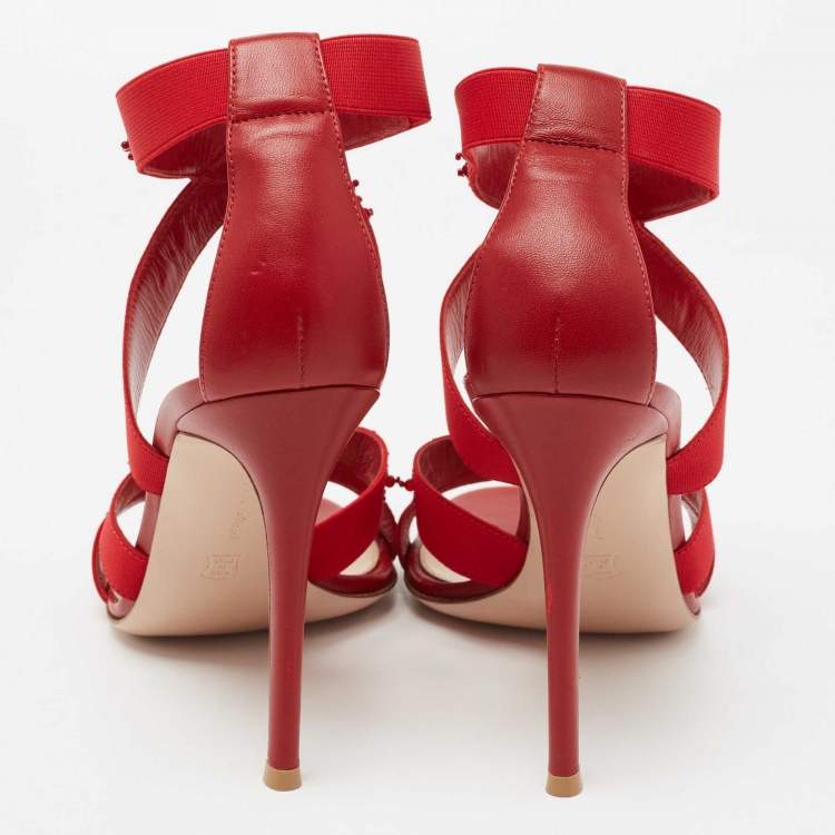 Pre Owned Gianvito Rossi Red Leather and Fabric Crystal Embellished Ankle-Strap Sandals Size 40