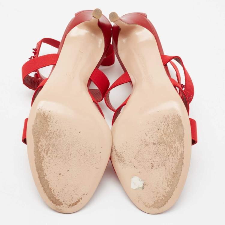 Pre Owned Gianvito Rossi Red Leather and Fabric Crystal Embellished Ankle-Strap Sandals Size 40