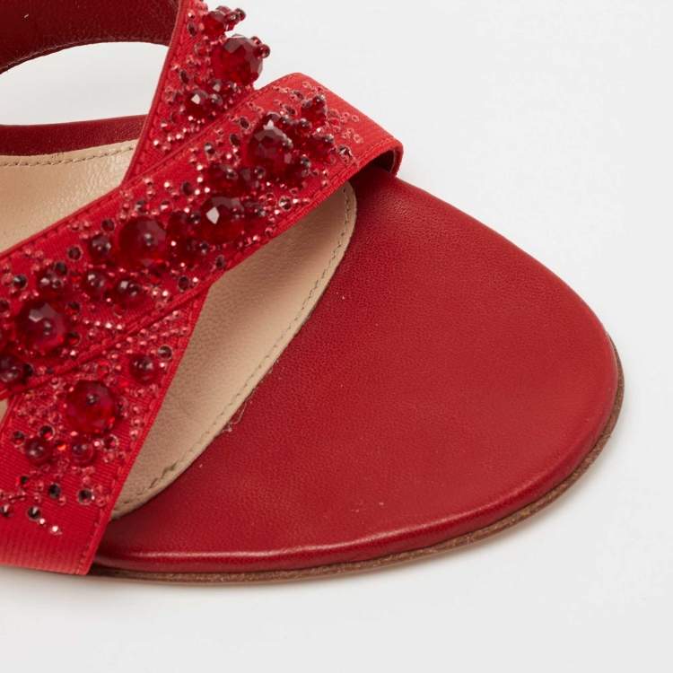 Pre Owned Gianvito Rossi Red Leather and Fabric Crystal Embellished Ankle-Strap Sandals Size 40