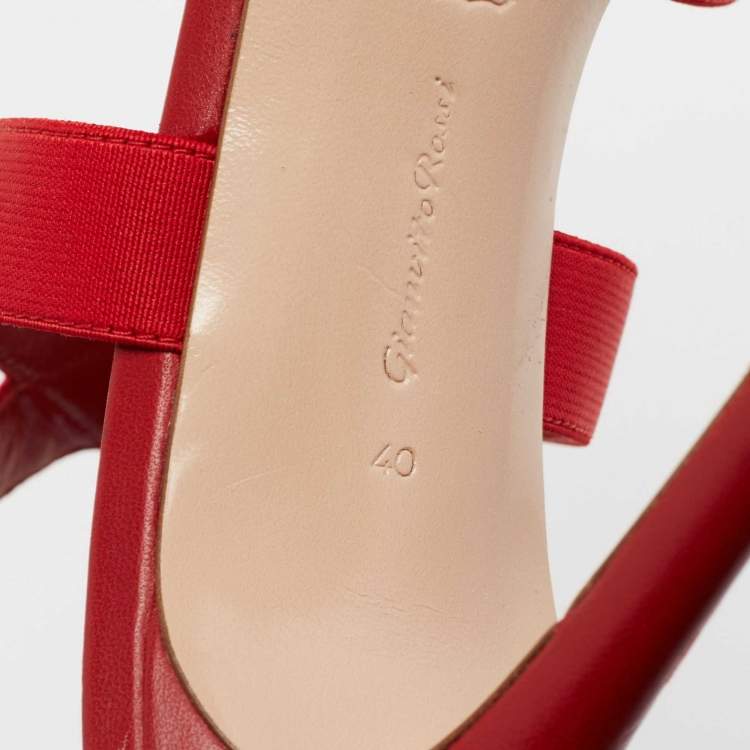 Pre Owned Gianvito Rossi Red Leather and Fabric Crystal Embellished Ankle-Strap Sandals Size 40