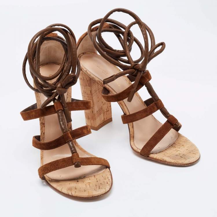 Pre Owned Gianvito Rossi Brown Suede and Leather Cayman Cork Sandals Size 41