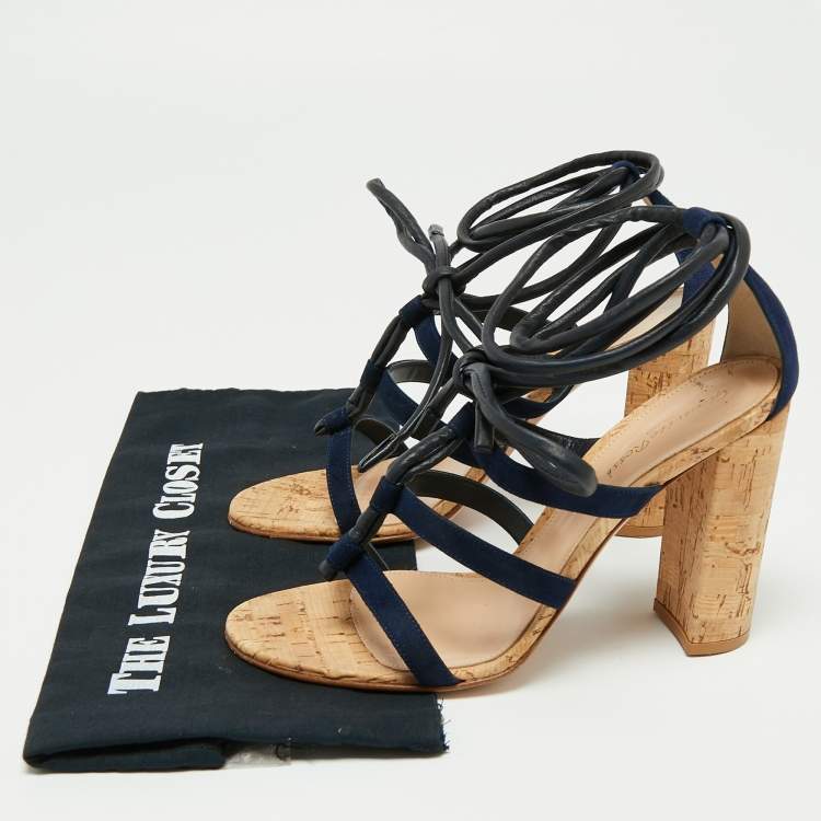 Pre Owned Gianvito Rossi Navy Blue Suede And Leather Cork Heel  Ankle Wrap Sandals Size 40