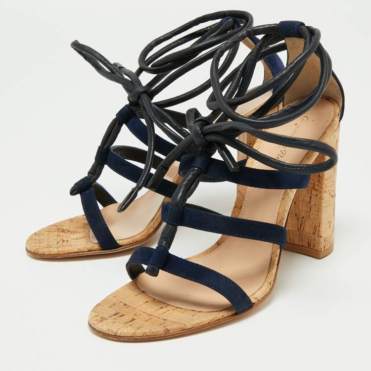Pre Owned Gianvito Rossi Navy Blue Suede And Leather Cork Heel  Ankle Wrap Sandals Size 40