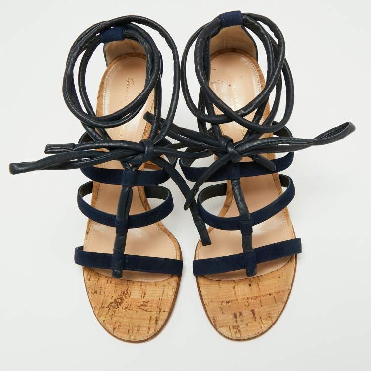 Pre Owned Gianvito Rossi Navy Blue Suede And Leather Cork Heel  Ankle Wrap Sandals Size 40