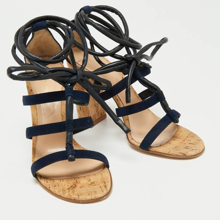 Pre Owned Gianvito Rossi Navy Blue Suede And Leather Cork Heel  Ankle Wrap Sandals Size 40