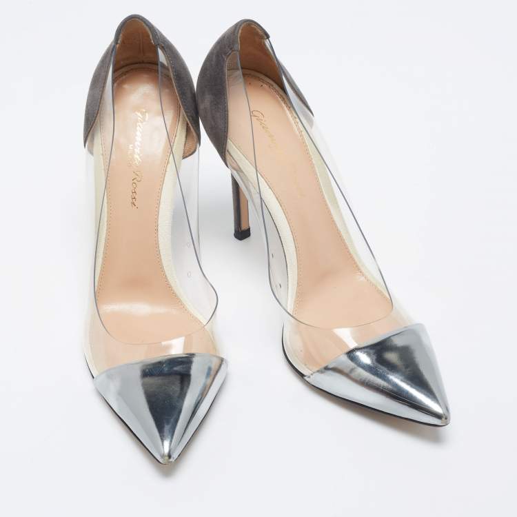 Pre Owned Gianvito Rossi Dark Grey Patent Leather And PVC Plexi Pointed Toe Pumps Size 38