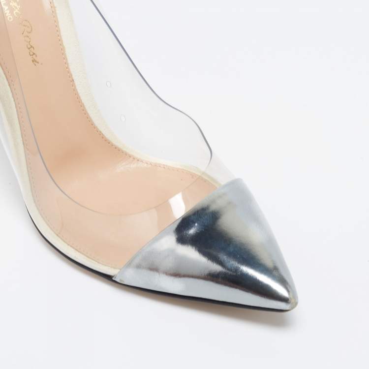 Pre Owned Gianvito Rossi Dark Grey Patent Leather And PVC Plexi Pointed Toe Pumps Size 38