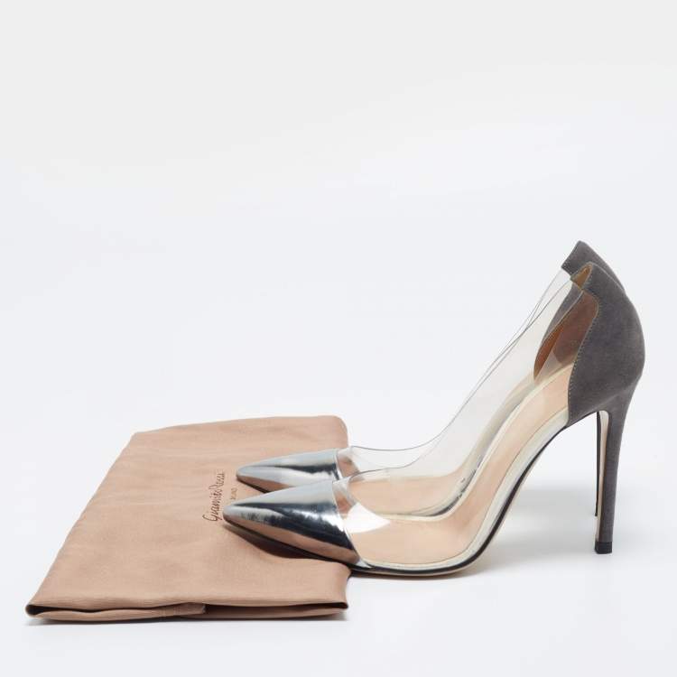 Pre Owned Gianvito Rossi Dark Grey Patent Leather And PVC Plexi Pointed Toe Pumps Size 38