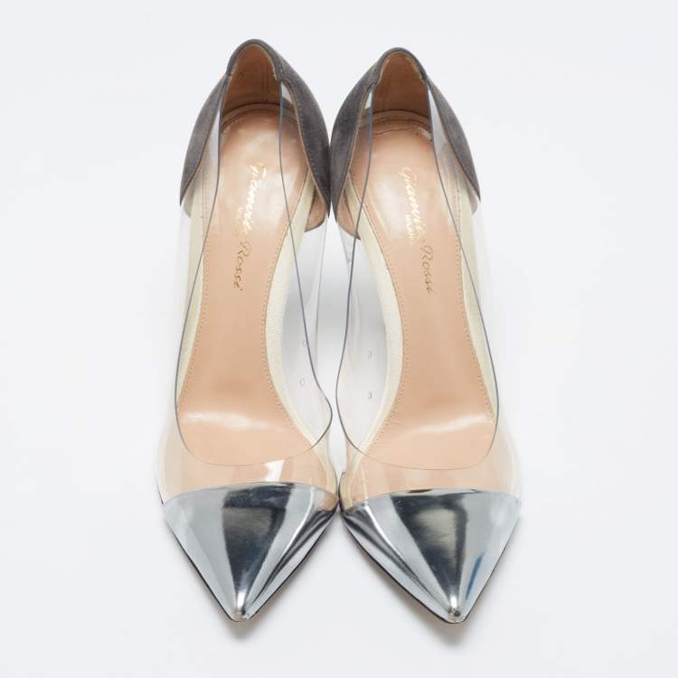 Pre Owned Gianvito Rossi Dark Grey Patent Leather And PVC Plexi Pointed Toe Pumps Size 38