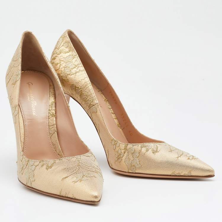 Pre Owned Gianvito Rossi Gold Lace Pointed Toe Pumps Size 40