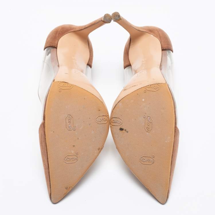 Pre Owned Gianvito Rossi Brown Suede And PVC Plexi Pointed Toe Pumps Size 36