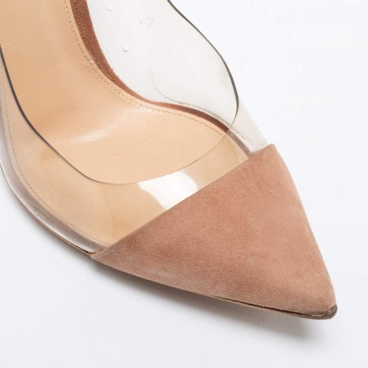 Pre Owned Gianvito Rossi Brown Suede And PVC Plexi Pointed Toe Pumps Size 36