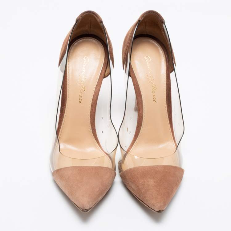 Pre Owned Gianvito Rossi Brown Suede And PVC Plexi Pointed Toe Pumps Size 36