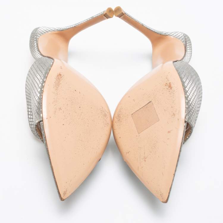 Pre Owned Gianvito Rossi Metallic Grey Textured Fabric Alise Mules Size 38