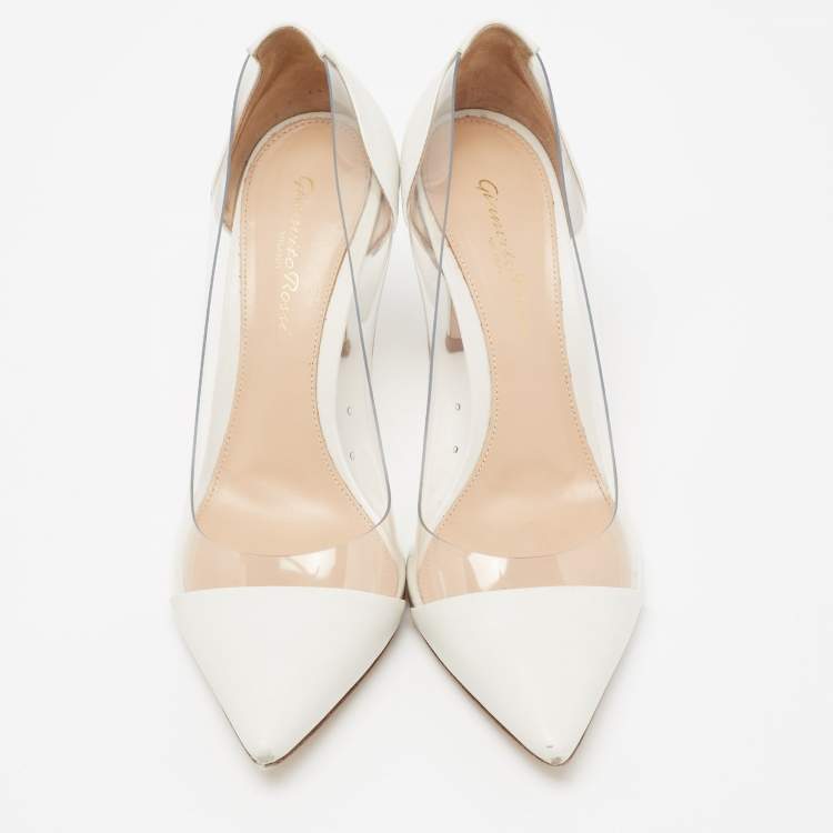 Pre Owned Gianvito Rossi White Leather And PVC Plexi Pointed Toe Pumps Size 37