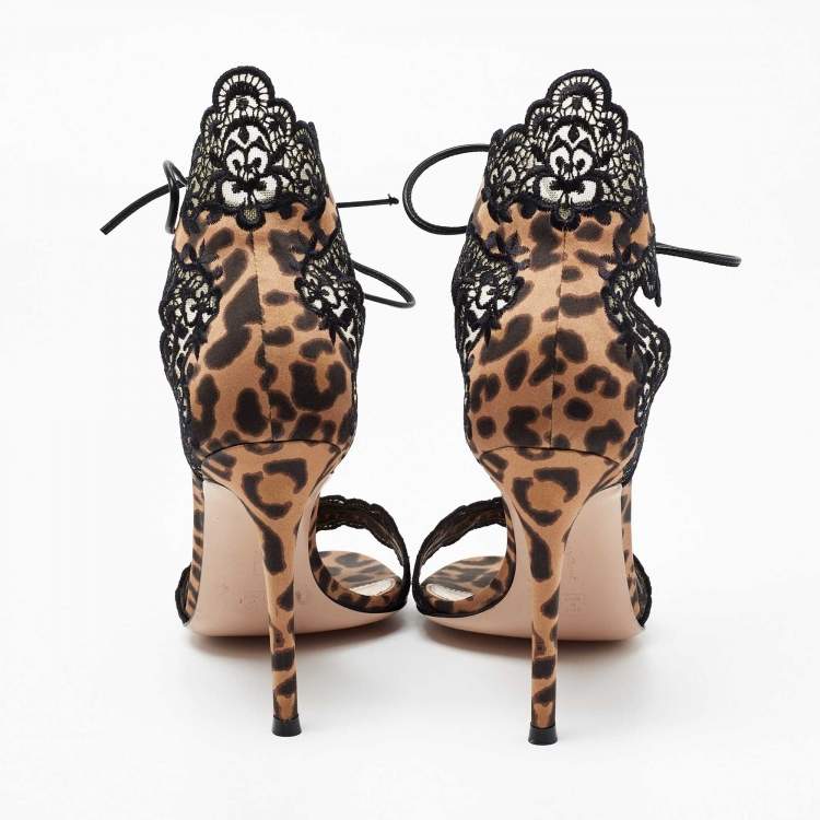 Pre Owned Gianvito Rossi Black/Brown Lace and Leopard Print Satin Ankle-Tie Sandals Size 36