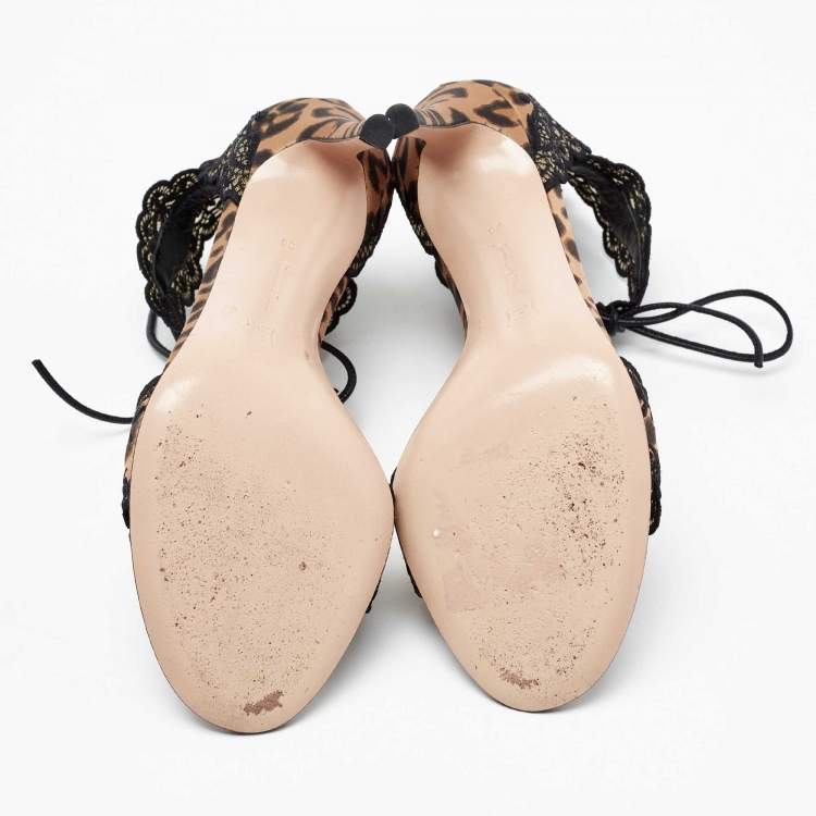 Pre Owned Gianvito Rossi Black/Brown Lace and Leopard Print Satin Ankle-Tie Sandals Size 36