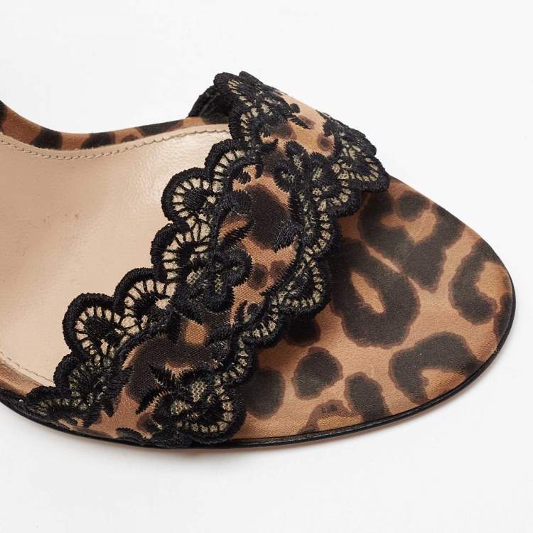 Pre Owned Gianvito Rossi Black/Brown Lace and Leopard Print Satin Ankle-Tie Sandals Size 36