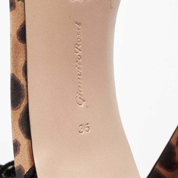 Pre Owned Gianvito Rossi Black/Brown Lace and Leopard Print Satin Ankle-Tie Sandals Size 36