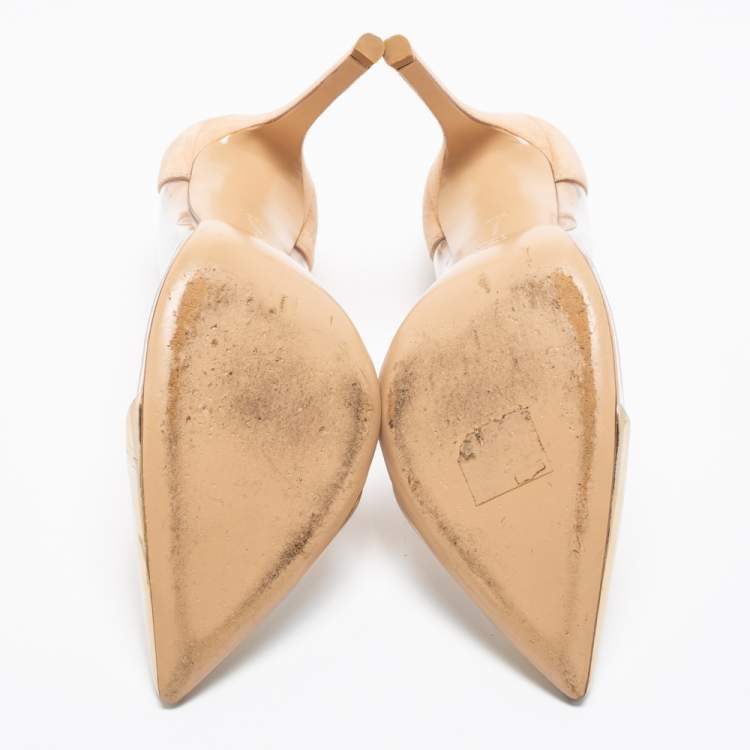 Pre Owned Gianvito Rossi Beige/Gold Suede, Leather And PVC Plexi Pointed Toe Pumps Size 38.5