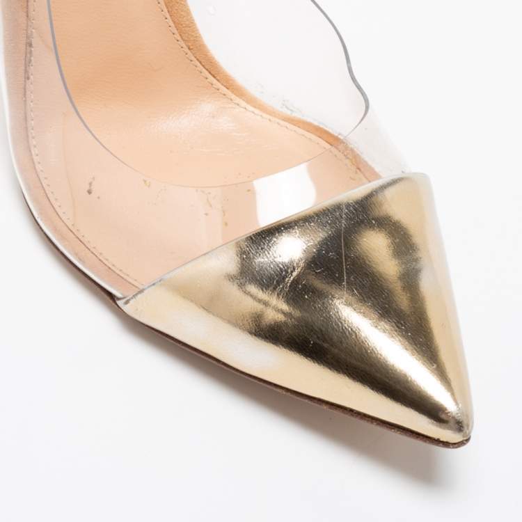 Pre Owned Gianvito Rossi Beige/Gold Suede, Leather And PVC Plexi Pointed Toe Pumps Size 38.5