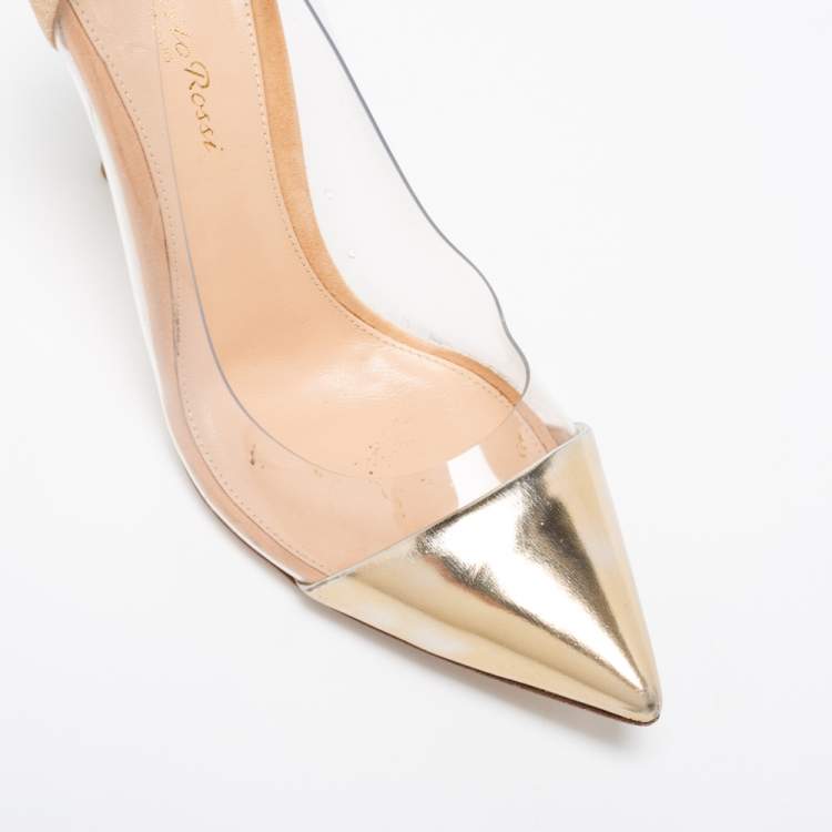 Pre Owned Gianvito Rossi Beige/Gold Suede, Leather And PVC Plexi Pointed Toe Pumps Size 38.5