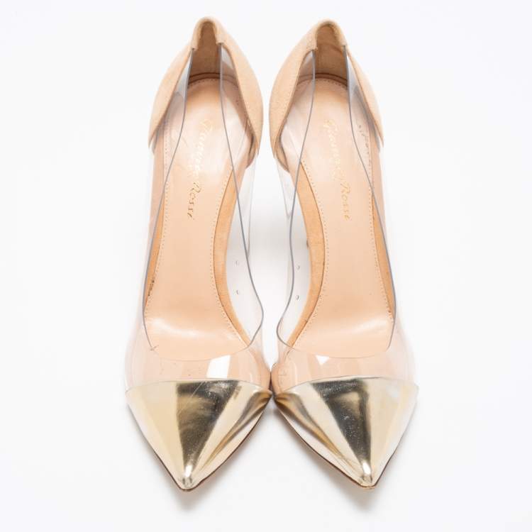 Pre Owned Gianvito Rossi Beige/Gold Suede, Leather And PVC Plexi Pointed Toe Pumps Size 38.5