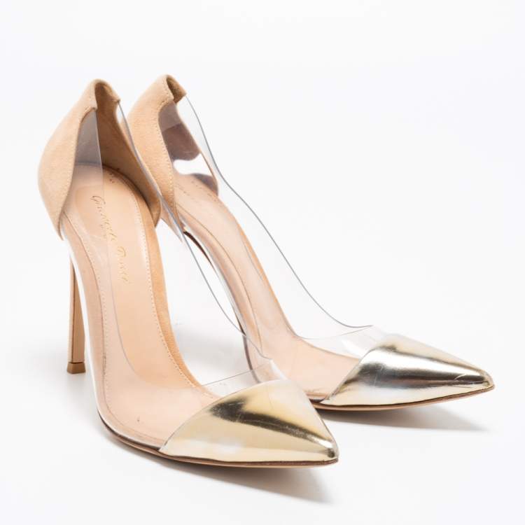 Pre Owned Gianvito Rossi Beige/Gold Suede, Leather And PVC Plexi Pointed Toe Pumps Size 38.5