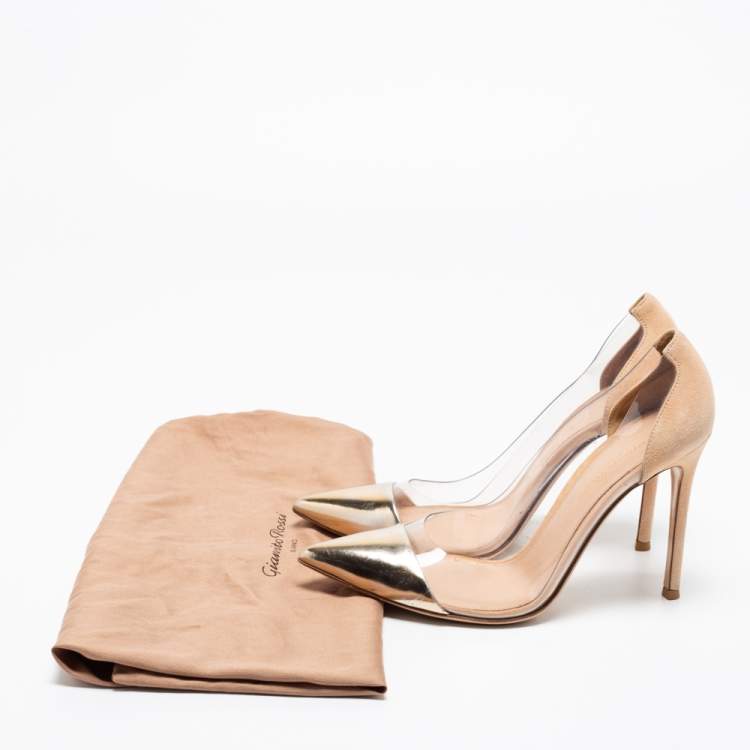 Pre Owned Gianvito Rossi Beige/Gold Suede, Leather And PVC Plexi Pointed Toe Pumps Size 38.5