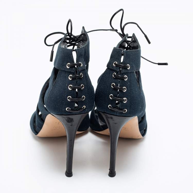 Pre Owned Gianvito Rossi Blue Canvas Lace Up Roxy Caged Sandals Size 39.5