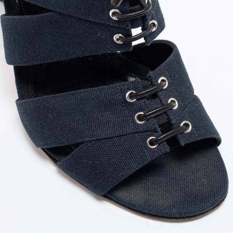 Pre Owned Gianvito Rossi Blue Canvas Lace Up Roxy Caged Sandals Size 39.5