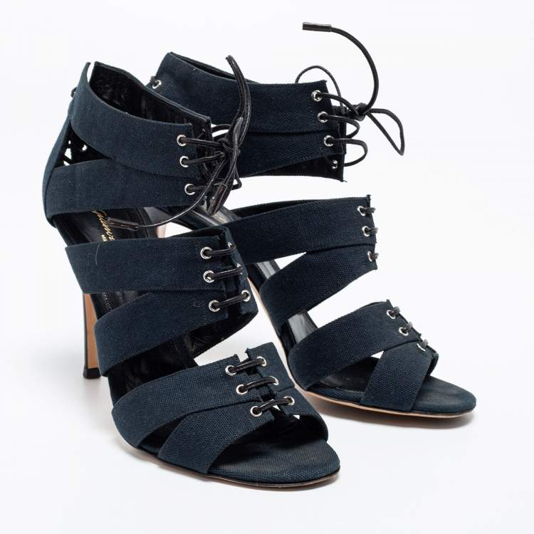 Pre Owned Gianvito Rossi Blue Canvas Lace Up Roxy Caged Sandals Size 39.5