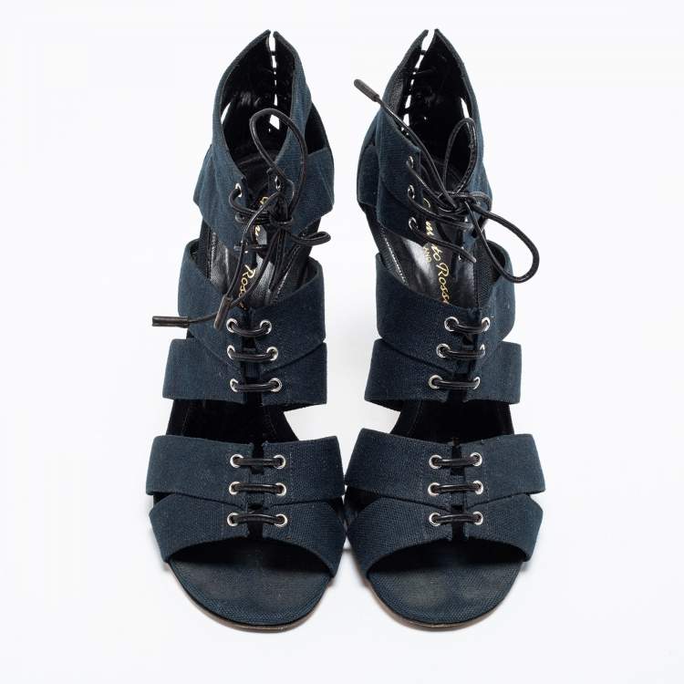 Pre Owned Gianvito Rossi Blue Canvas Lace Up Roxy Caged Sandals Size 39.5