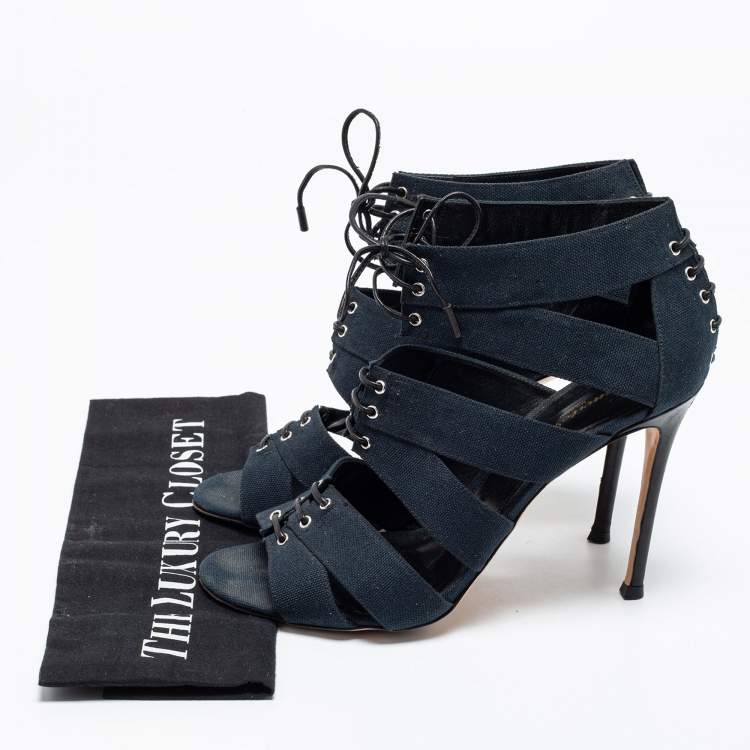 Pre Owned Gianvito Rossi Blue Canvas Lace Up Roxy Caged Sandals Size 39.5
