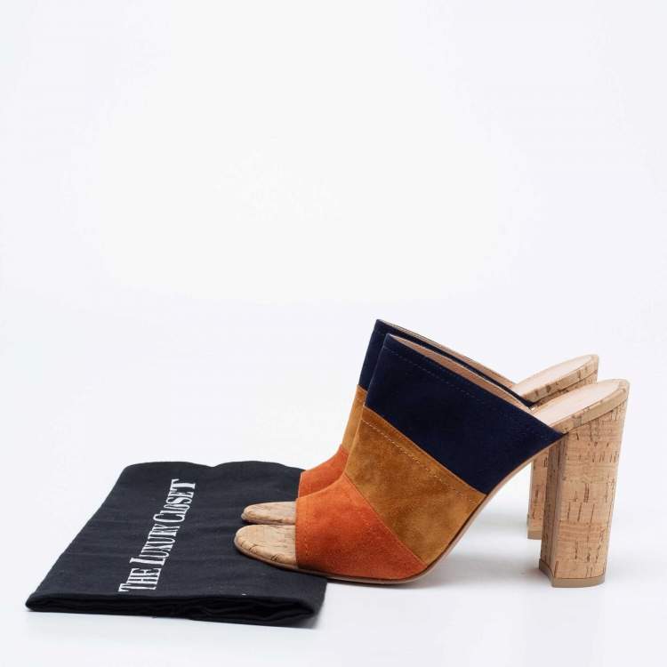 Pre Owned Gianvito Rossi Multicolor Suede Cork Block Heel Mules Size 38