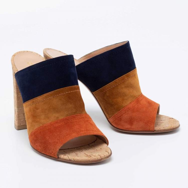 Pre Owned Gianvito Rossi Multicolor Suede Cork Block Heel Mules Size 38