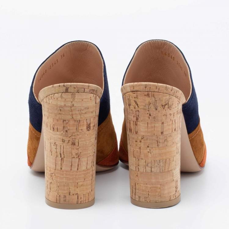 Pre Owned Gianvito Rossi Multicolor Suede Cork Block Heel Mules Size 38