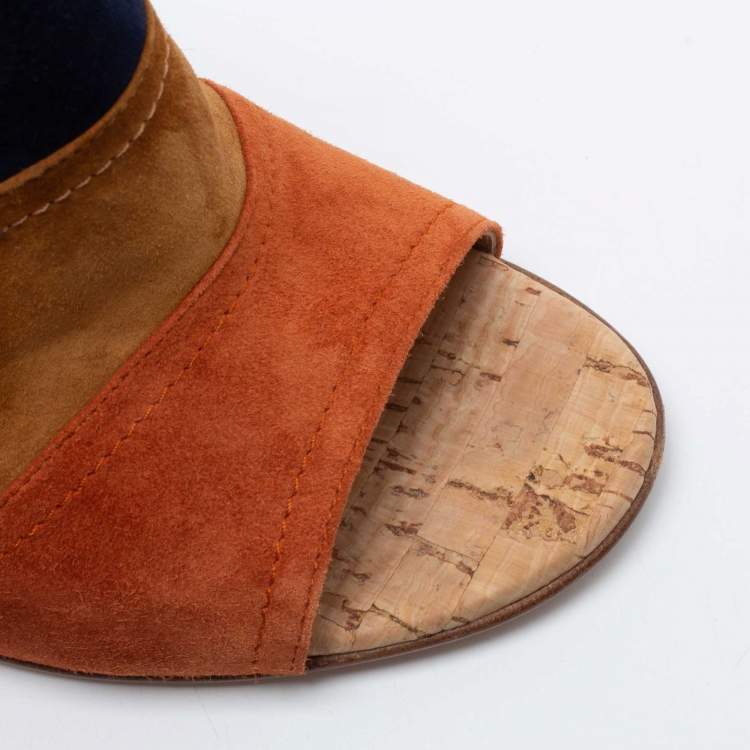 Pre Owned Gianvito Rossi Multicolor Suede Cork Block Heel Mules Size 38