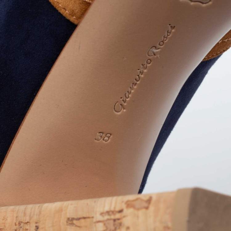 Pre Owned Gianvito Rossi Multicolor Suede Cork Block Heel Mules Size 38