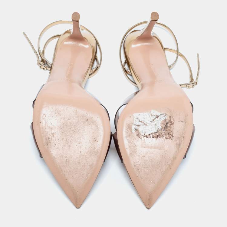 Pre Owned Gianvito Rossi Brown/Light Gold PVC and Leather Plexi Stark Ankle-Strap Sandals Size 41
