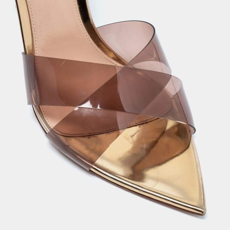 Pre Owned Gianvito Rossi Brown/Light Gold PVC and Leather Plexi Stark Ankle-Strap Sandals Size 41