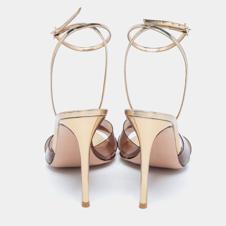 Pre Owned Gianvito Rossi Brown/Light Gold PVC and Leather Plexi Stark Ankle-Strap Sandals Size 41