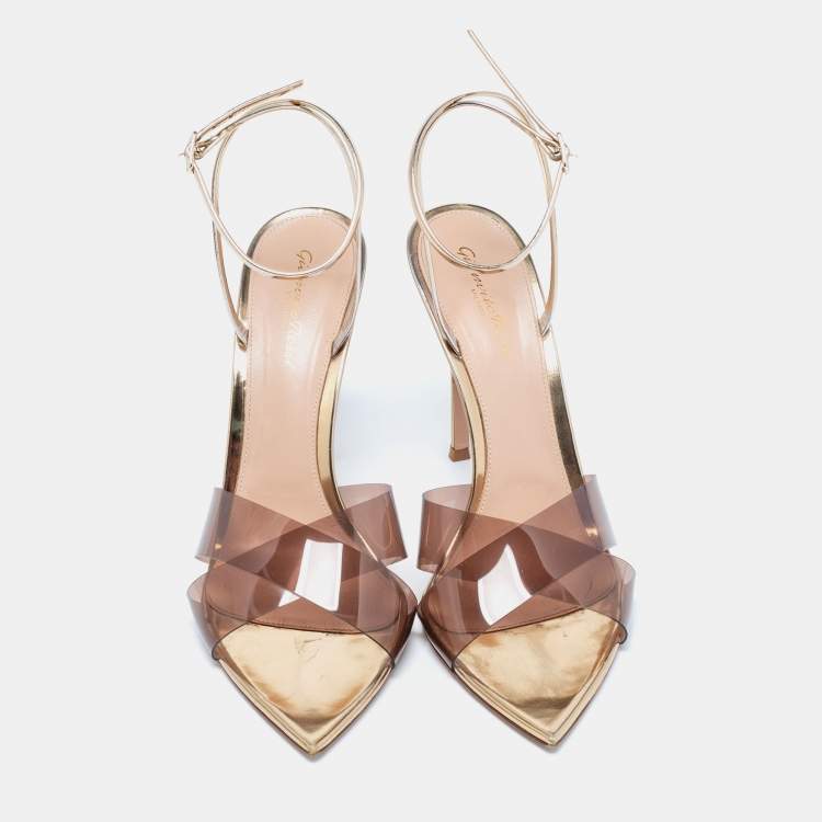 Pre Owned Gianvito Rossi Brown/Light Gold PVC and Leather Plexi Stark Ankle-Strap Sandals Size 41