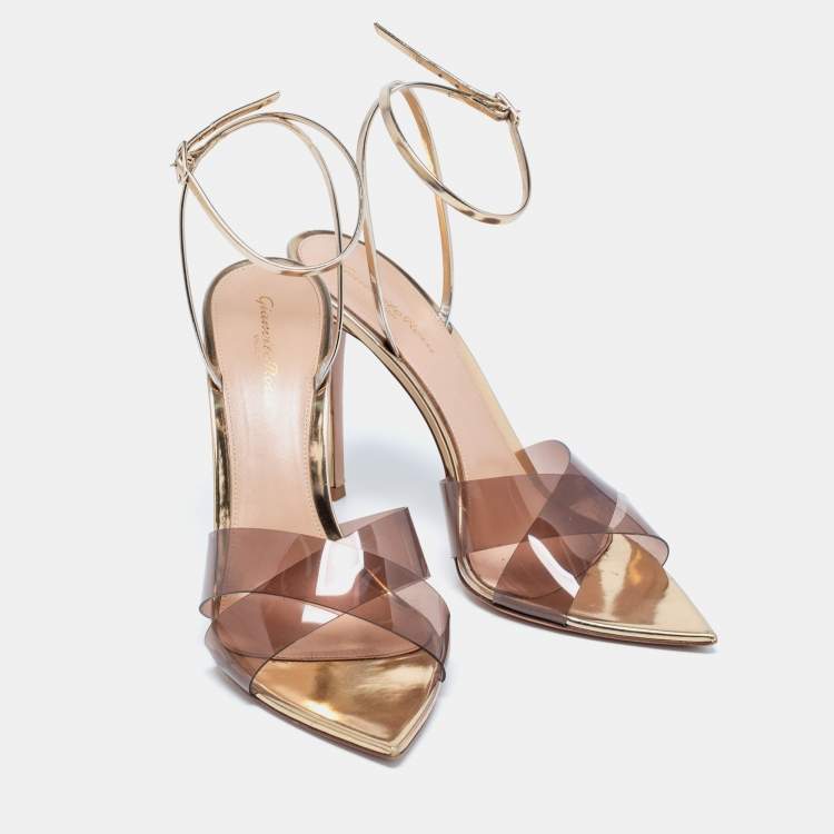 Pre Owned Gianvito Rossi Brown/Light Gold PVC and Leather Plexi Stark Ankle-Strap Sandals Size 41