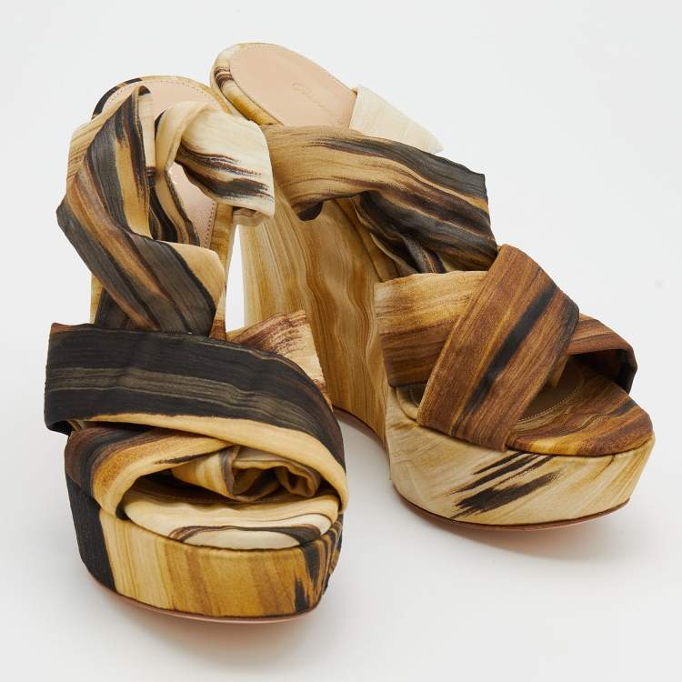 Pre Owned Gianvito Rossi Multicolor Fabric Strappy Ankle Wrap Platform Wedge Sandals Size 38