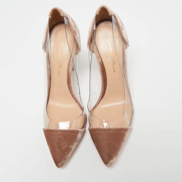 Pre Owned Gianvito Rossi Beige/Transparent Velvet And PVC Plexi Pointed Toe Pumps Size 37.5