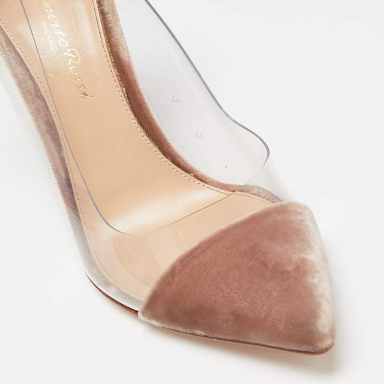 Pre Owned Gianvito Rossi Beige/Transparent Velvet And PVC Plexi Pointed Toe Pumps Size 37.5