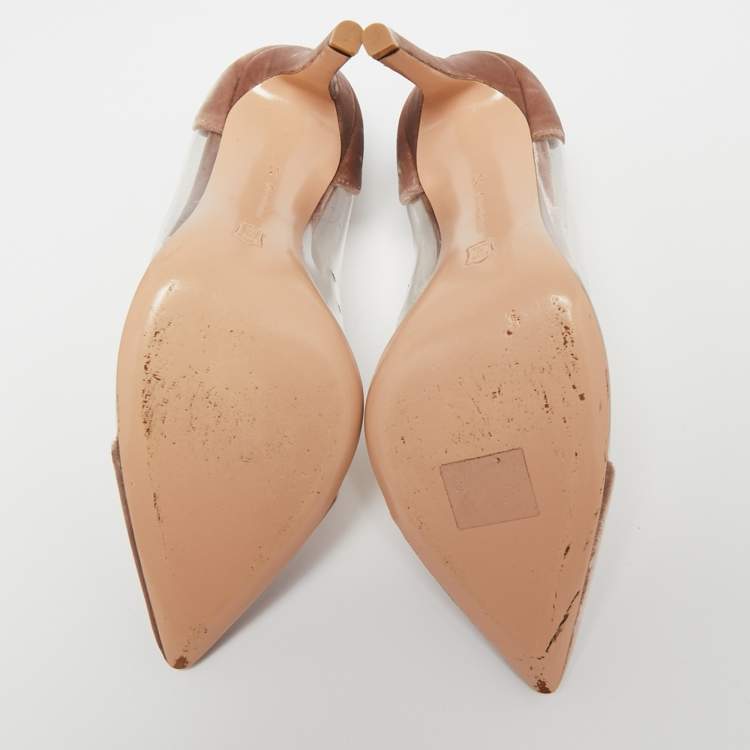 Pre Owned Gianvito Rossi Beige/Transparent Velvet And PVC Plexi Pointed Toe Pumps Size 37.5