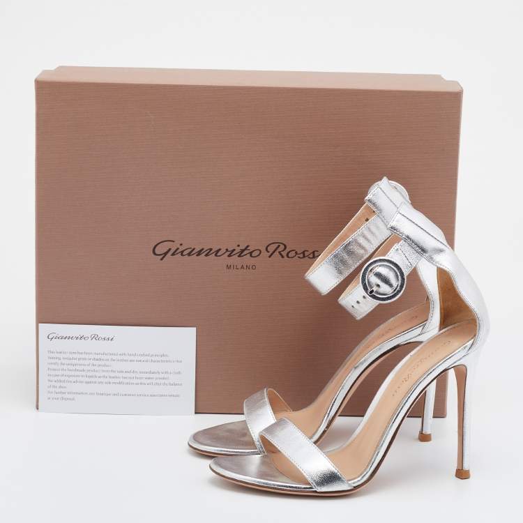Pre Owned Gianvito Rossi Metallic Silver Leather Portofino Ankle Strap Sandals Size 36