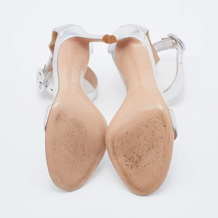 Pre Owned Gianvito Rossi Metallic Silver Leather Portofino Ankle Strap Sandals Size 36